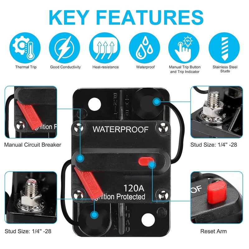 NOWEIERTON 120 Amp Fuse Holders,Audio Circuit Breaker,Reset Fuse Inverter, 12V-48V DC Fuse Holder,Replace Fuses,with Reset Button,for Automotive Marine Boat Audio System Current Overload Protection - Image 5